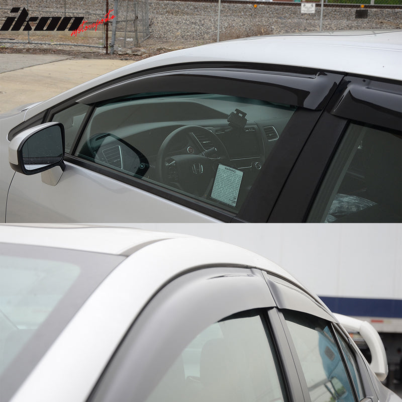IKON MOTORSPORTS Tape on Outside Mount Window Visor Compatible With 2012-2015 Honda Civic Sedan