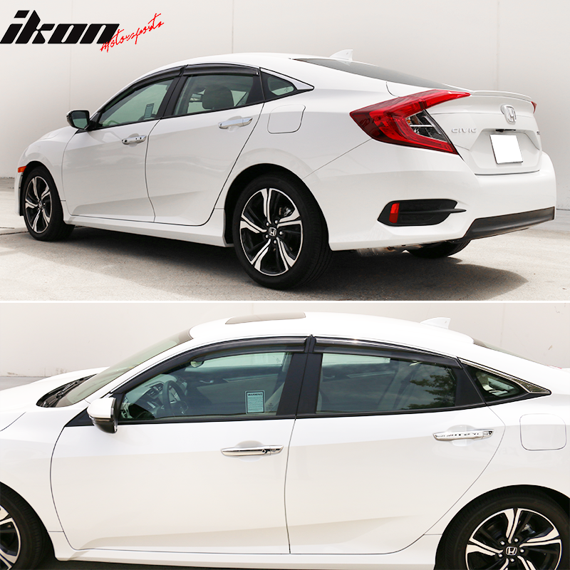 Fits 16-21 Civic X 10th Gen Sedan IKON Roof Spoiler MUG Window Visor Chrome Trim