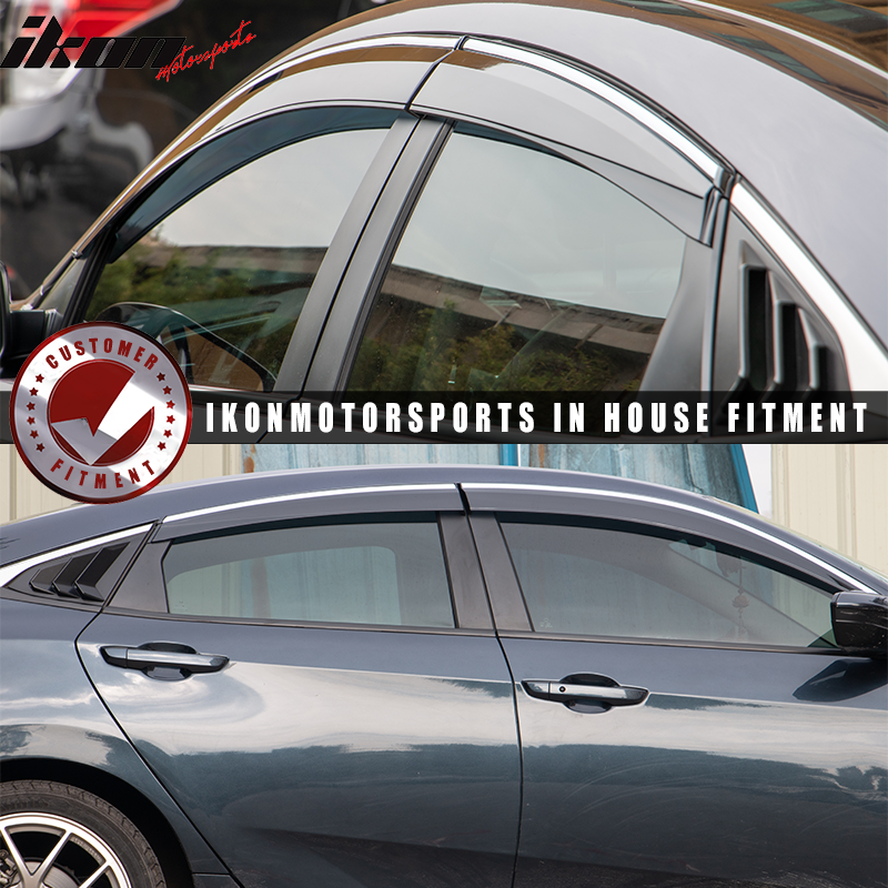 Fits 16-21 Honda Civic Sedan OE Style 4PCS Window Visors Sun Shade W/Chrome Trim