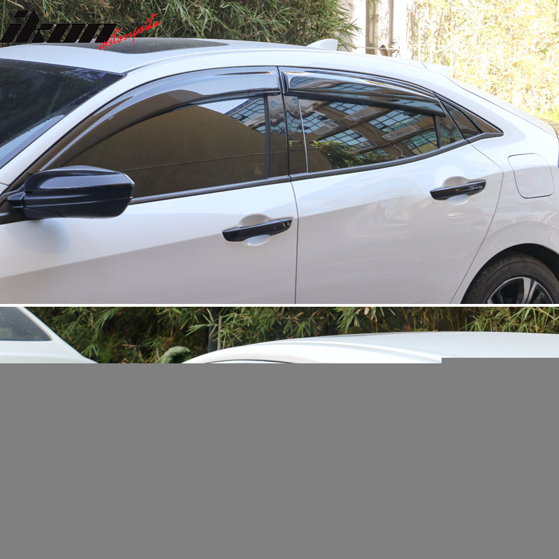 IKON MOTORSPORTS Window Visors Compatible With 2017-2021 Honda Civic 10th Gen X HB5 Hatchback 4-Door, OE Factory Style Smoke Tinted Acrylic Tape On External Wind Deflector Rain Guard,2018 2019 2020