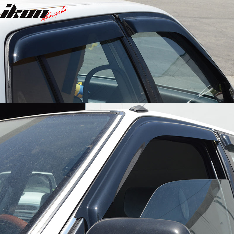 IKON MOTORSPORTS Tape On External Window Visor, Compatible With 1988-1991 Honda Civic, Slim Style Polycarbonate Smoke Tinted & Semi-Transparent Sun Rain Wind Guards 4Pc