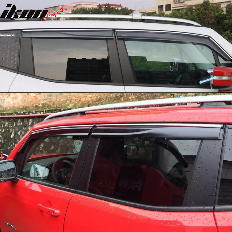 Window Visor Compatible With 2015-2023 Jeep Renegade, Injection with Chrome Trim Polycarbonate Air Deflector Rain Guard Shade by IKON MOTORSPORTS, 2016 2017 2018 2019 2020 2021 2022