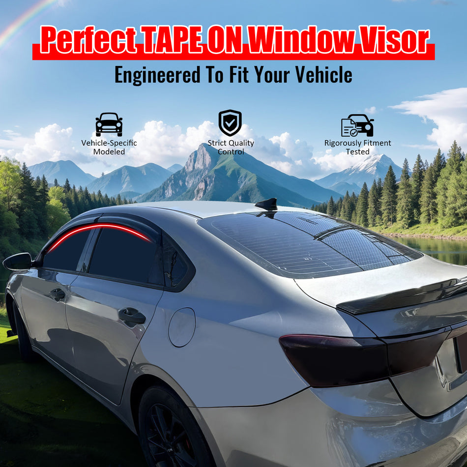 IKON MOTORSPORTS Tape on Window Visors Compatible with 2019-2024 Kia Forte Acrylic Smoke/Tinted Rain Guards, Side Window Wind Deflectors 4PCS