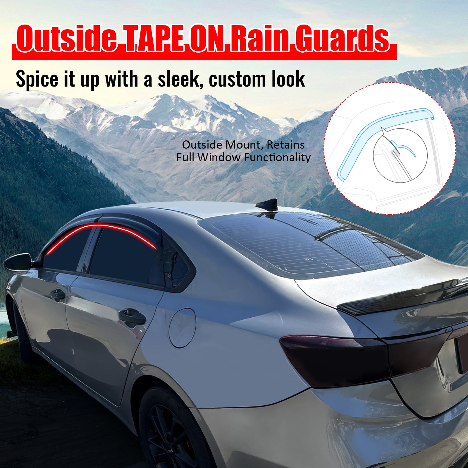 Fits 19-24 Kia Forte Tape on Window Visors Vent Rain Sun Wind Guards Deflectors