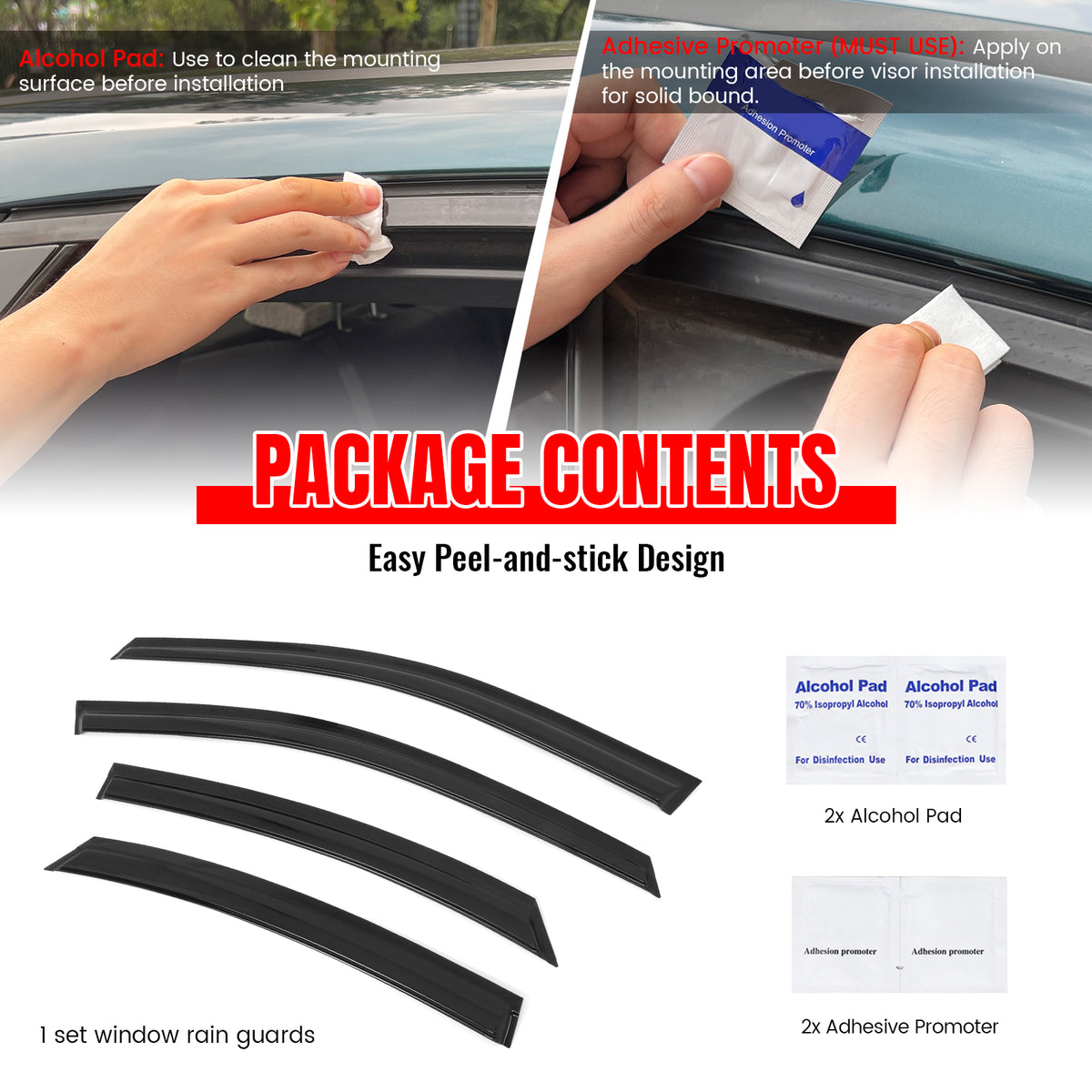 Fits 19-24 Kia Forte Tape on Window Visors Vent Rain Sun Wind Guards Deflectors
