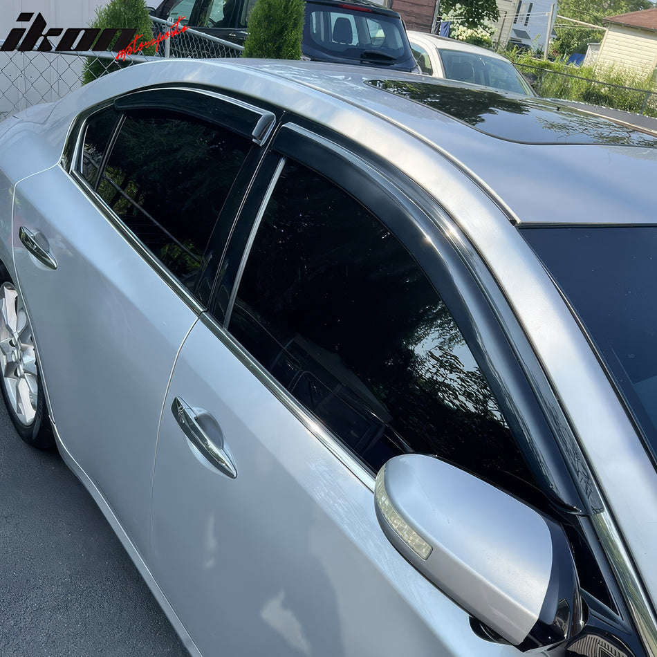 Window Visor Compatible With 2009-2015 Nissan Maxima, Slim Style Acrylic Smoke Tinted & Semi-transparent Sun Rain Shade Guard Wind Vent Air Deflector by IKON MOTORSPORTS, 2010 2011 2012 2013