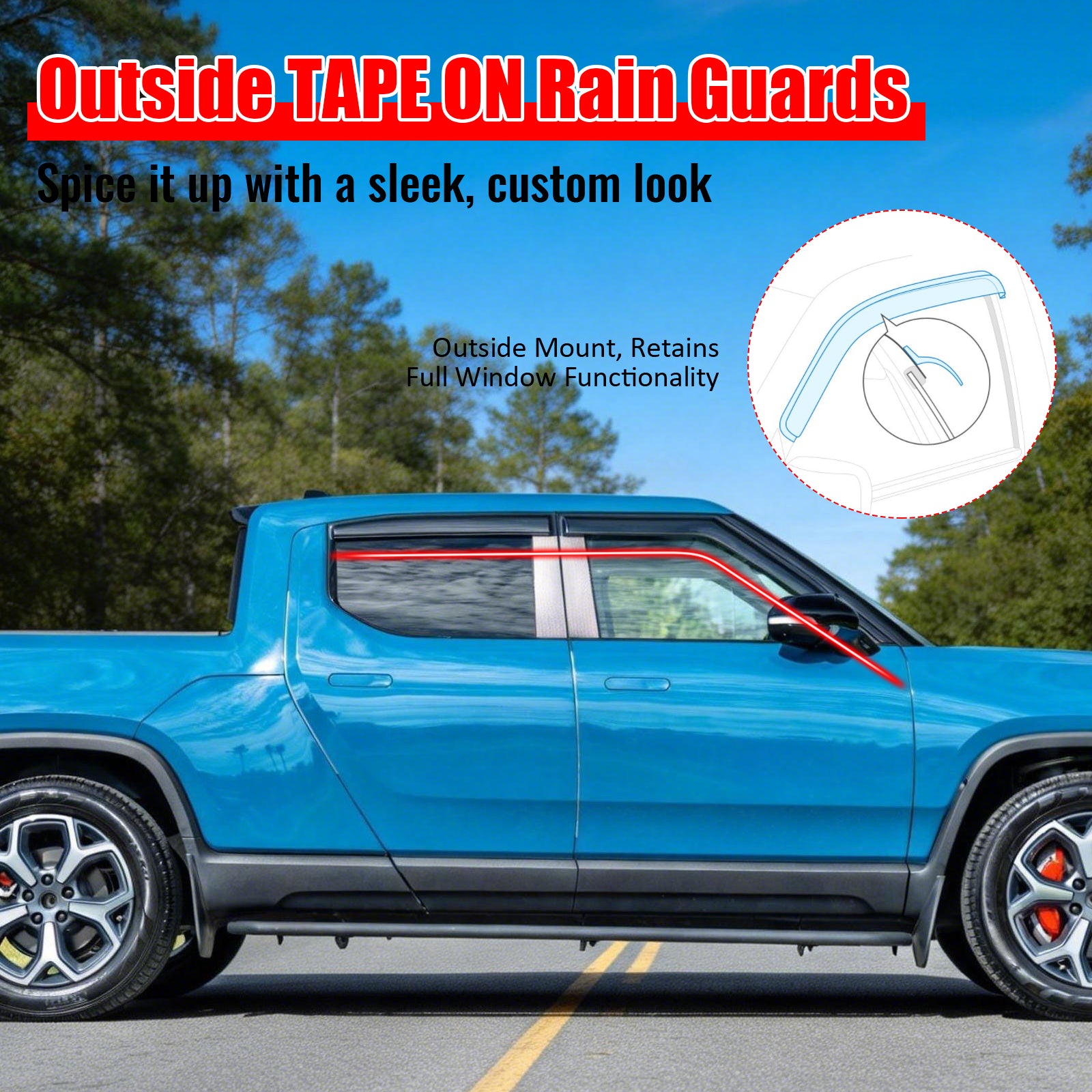 Fits 22-26 Rivian R1T Window Visors Vent Rain Wind Sun Guards Deflectors Tape-On