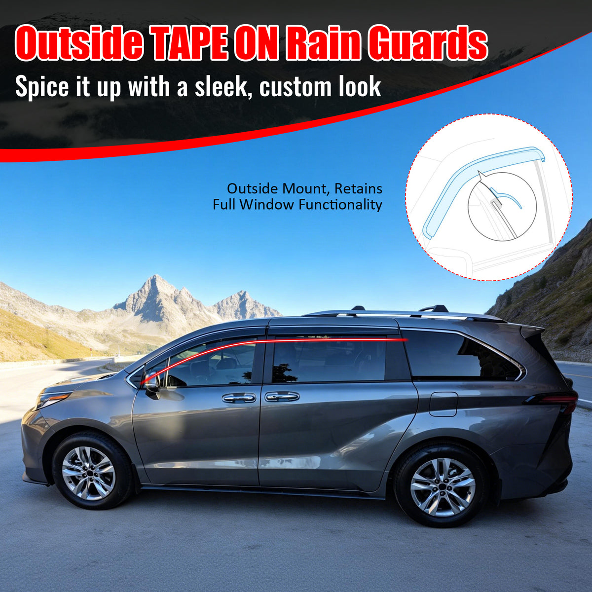 Fits 21-26 Toyota Sienna OE Style Window Visors Sun Rain Guards W/Chrome Trim PC