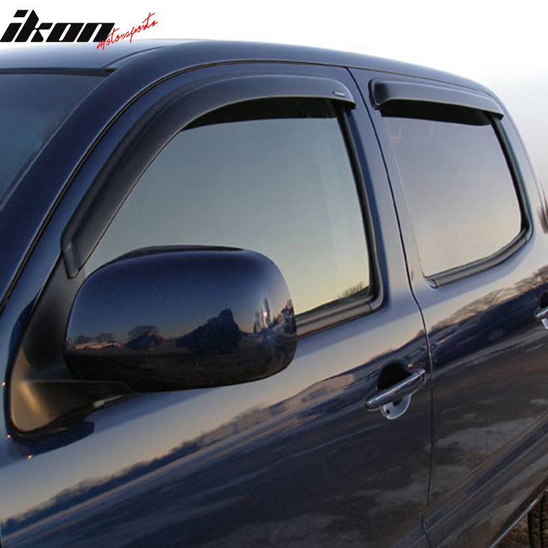 Window Visor Compatible With 2005-2015 Toyota Tacoma Double Cab, Slim Style Acrylic Smoke Tinted Sun Rain Shade Guard Wind Vent Air Deflector by IKON MOTORSPORTS, 2006 2007 2008 2009 2010 2011 2012