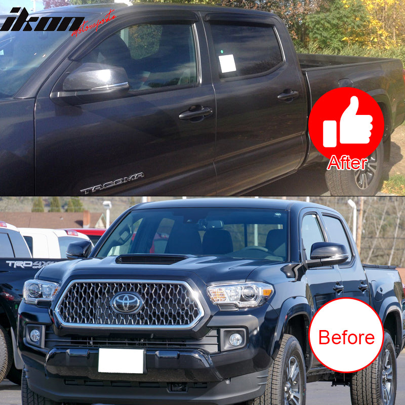Window Visor Compatible With 2016-2023 Toyota Tacoma Double Cab, Slim Style Tape On Smoke Tinted Acrylic Shade Rain Sun Guard Wind Vent Air Deflector by IKON MOTORSPORTS