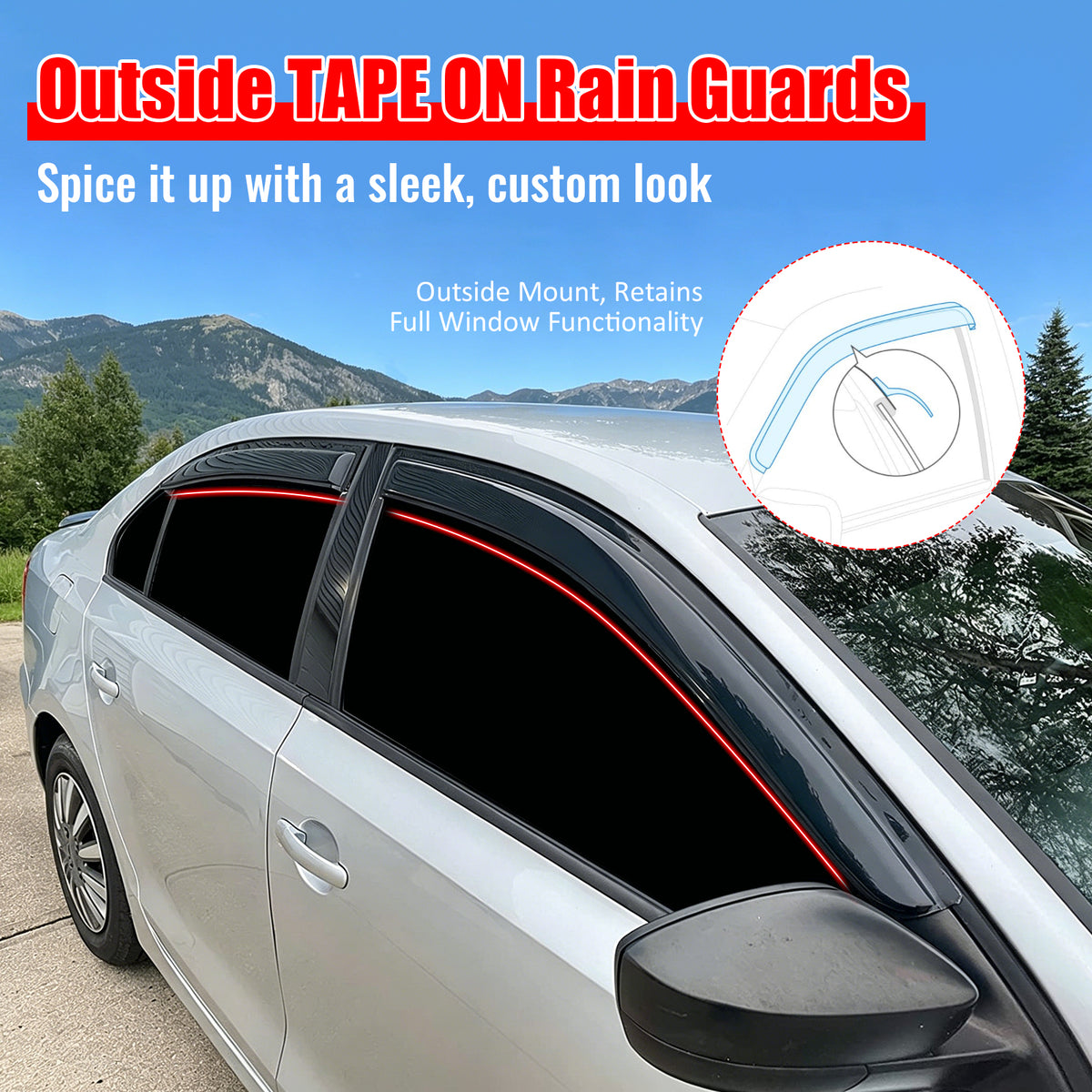 Fits 11-18 Volkswagen Jetta A6 Sedan Tape On 4PCS Window Visors Vent Rain Guard