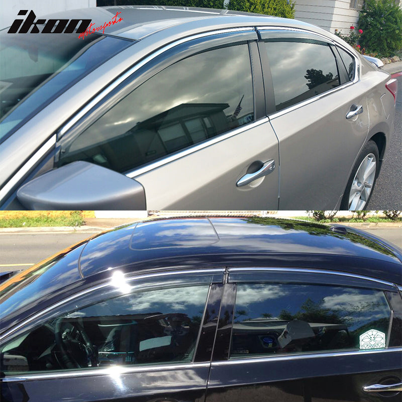 IKON MOTORSPORTS, 4PCS Window Visors Compatible With 2013-2018 Nissan Altima, Window Visor Vent Rain Guard W/Chrome Trim Slim Style Acrylic Smoke, 2014 2015