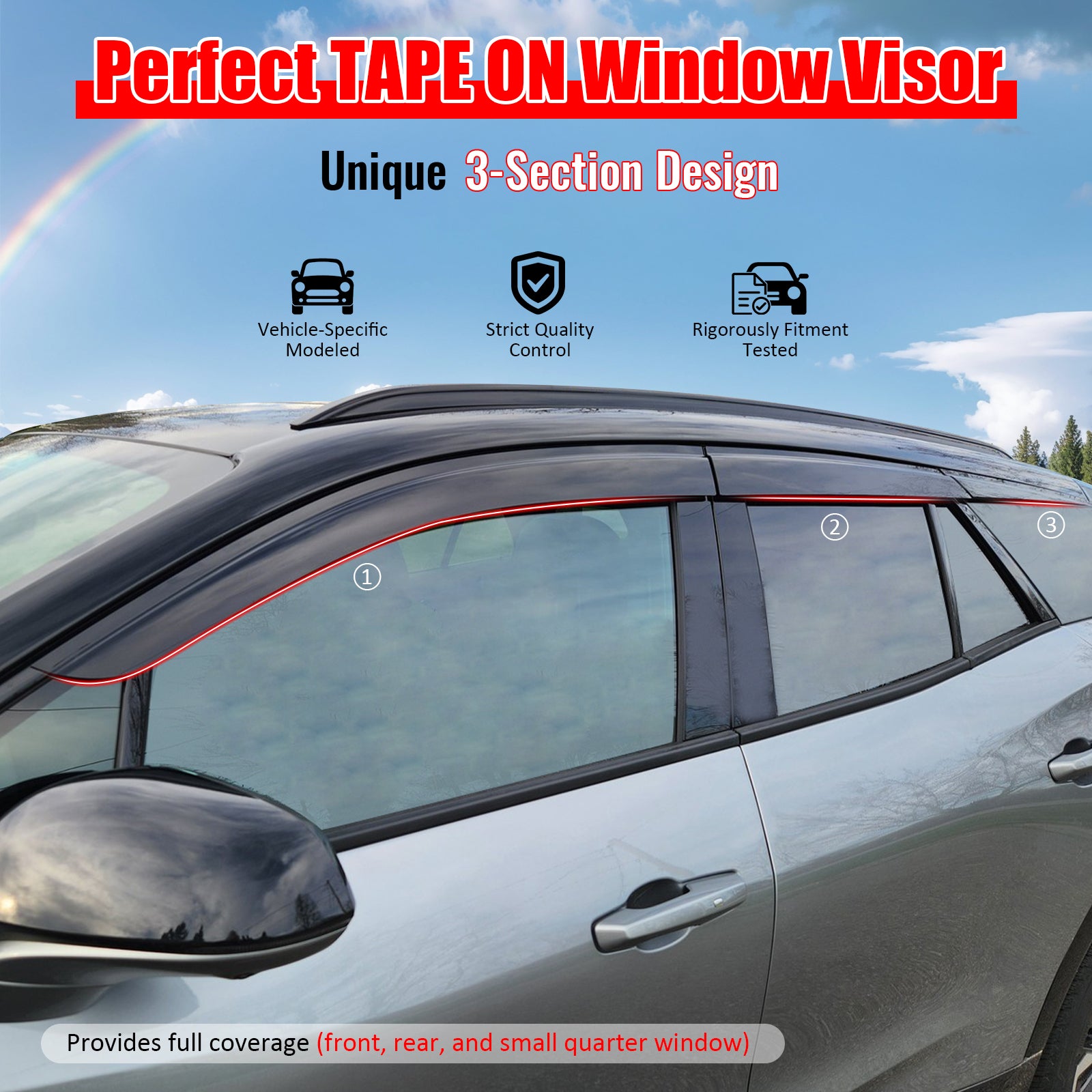 IKON MOTORSPORTS Tape on Window Visors Compatible with 2024-2026 Chevrolet Blazer EV, Slim Style Acrylic Smoke Tinted Rain Guards, Side Window Wind Deflectors 6PCS
