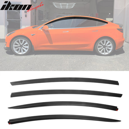 IKON MOTORSPORTS, Window Visors Compatible With 2017-2023 Tesla Model 3 All Models, Tape-on ABS Rain Sun Guards 4PCS