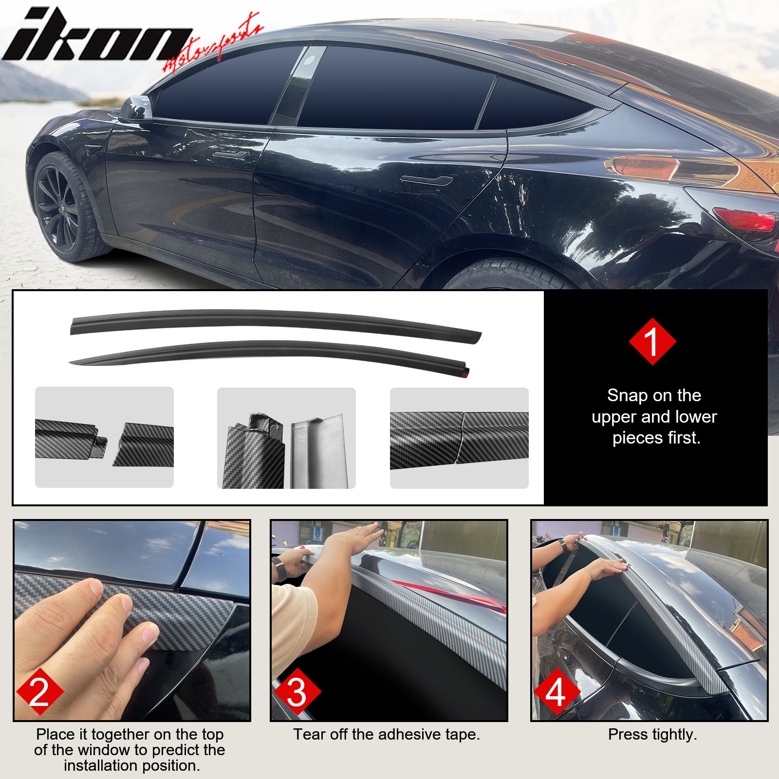 For 17-23 Tesla Model 3 ABS Tape-on Window Visor Sun Rain Guard 4PCS