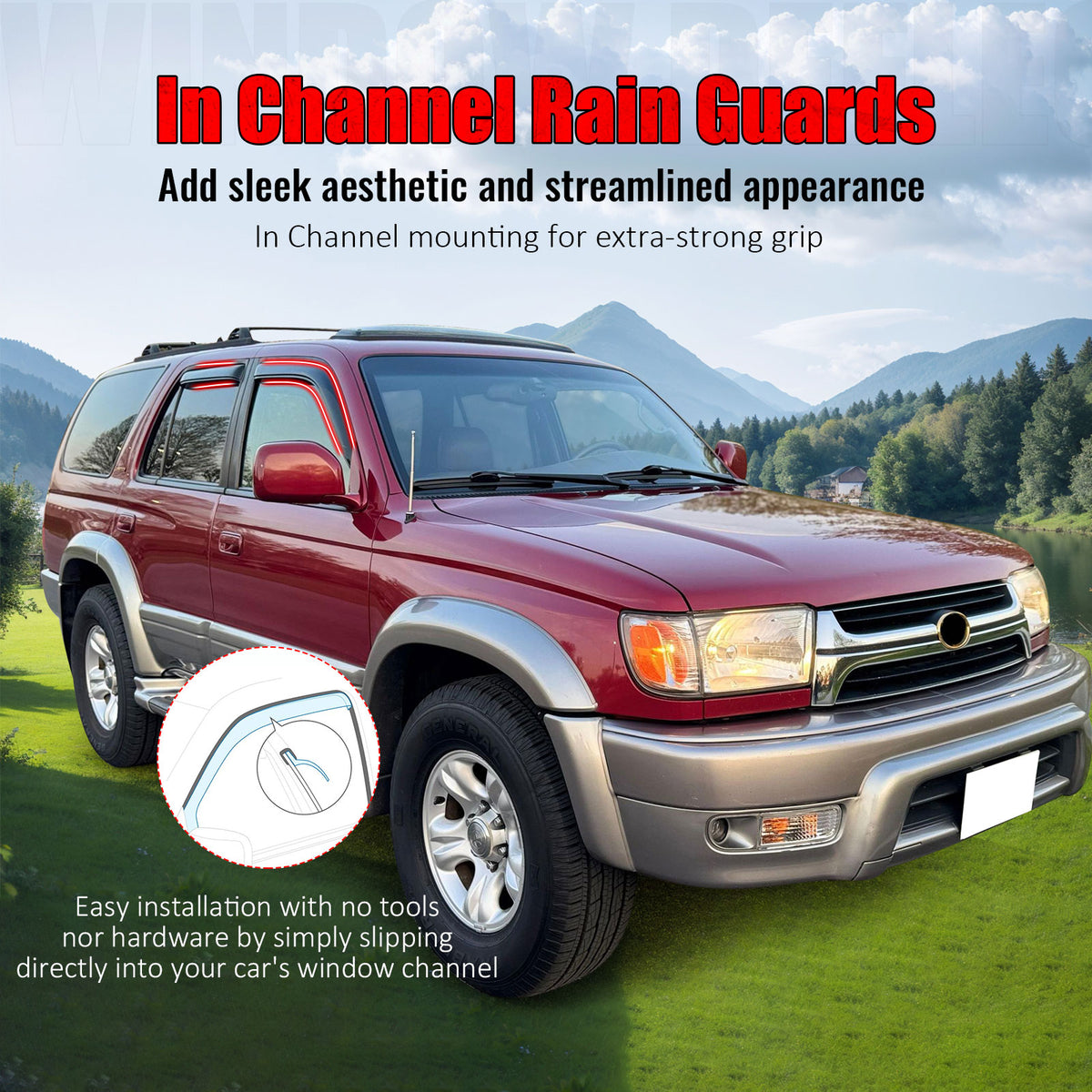 Fits 96-02 Toyota 4Runner Side Window Visor Somke Acrylic Deflectors- In-Channel