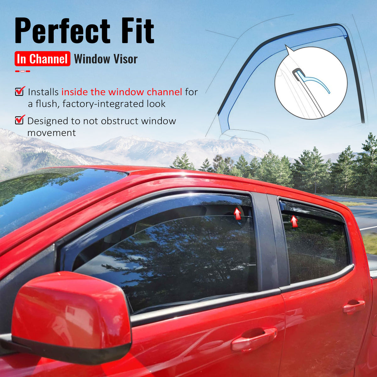 IKON MOTORSPORTS In Channel Window Visors Compatible with 2015-2022 Chevy Chevrolet Colorado & GMC Canyon Crew Cab, Acrylic Smoke/Tinted Rain Guards, Side Window Wind Deflectors 4PCS