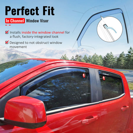 IKON MOTORSPORTS In Channel Window Visors Compatible with 2015-2022 Chevy Chevrolet Colorado & GMC Canyon Crew Cab, Acrylic Smoke/Tinted Rain Guards, Side Window Wind Deflectors 4PCS