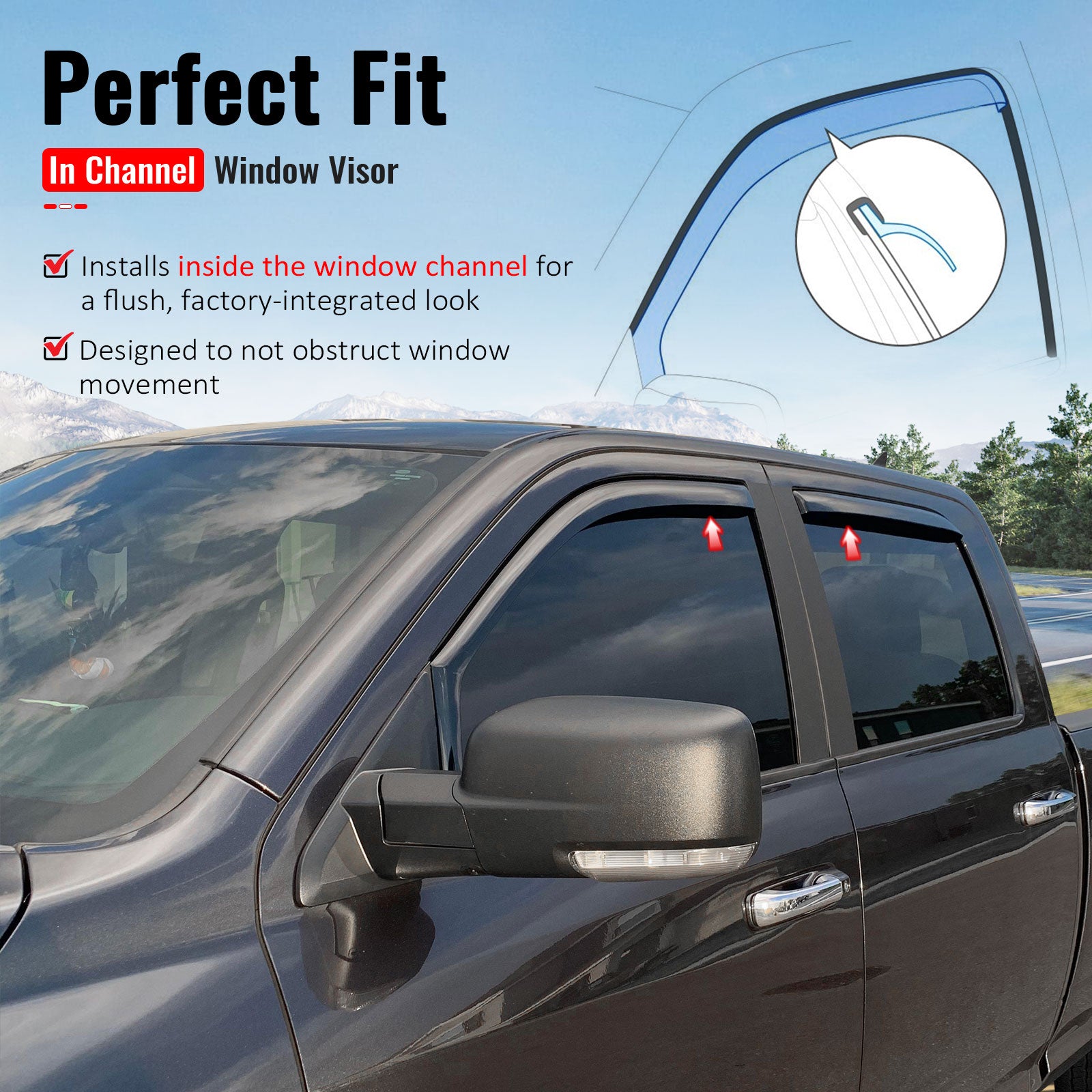 Fits 09-18 Dodge Ram 1500 10-26 Ram 2500 3500 Crew Cab In-Channel Window Visors