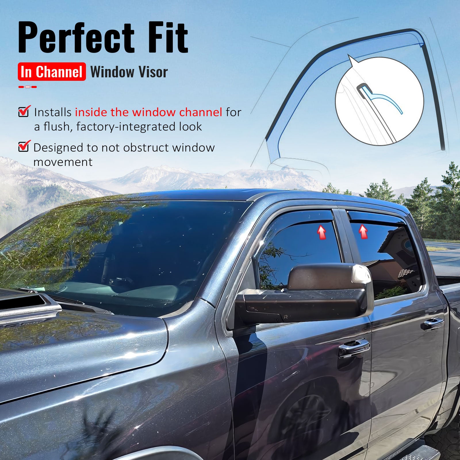 Fits 19-26 Ram 1500 Crew Cab In-Channel Window Visors Sun Rain Guards Deflectors