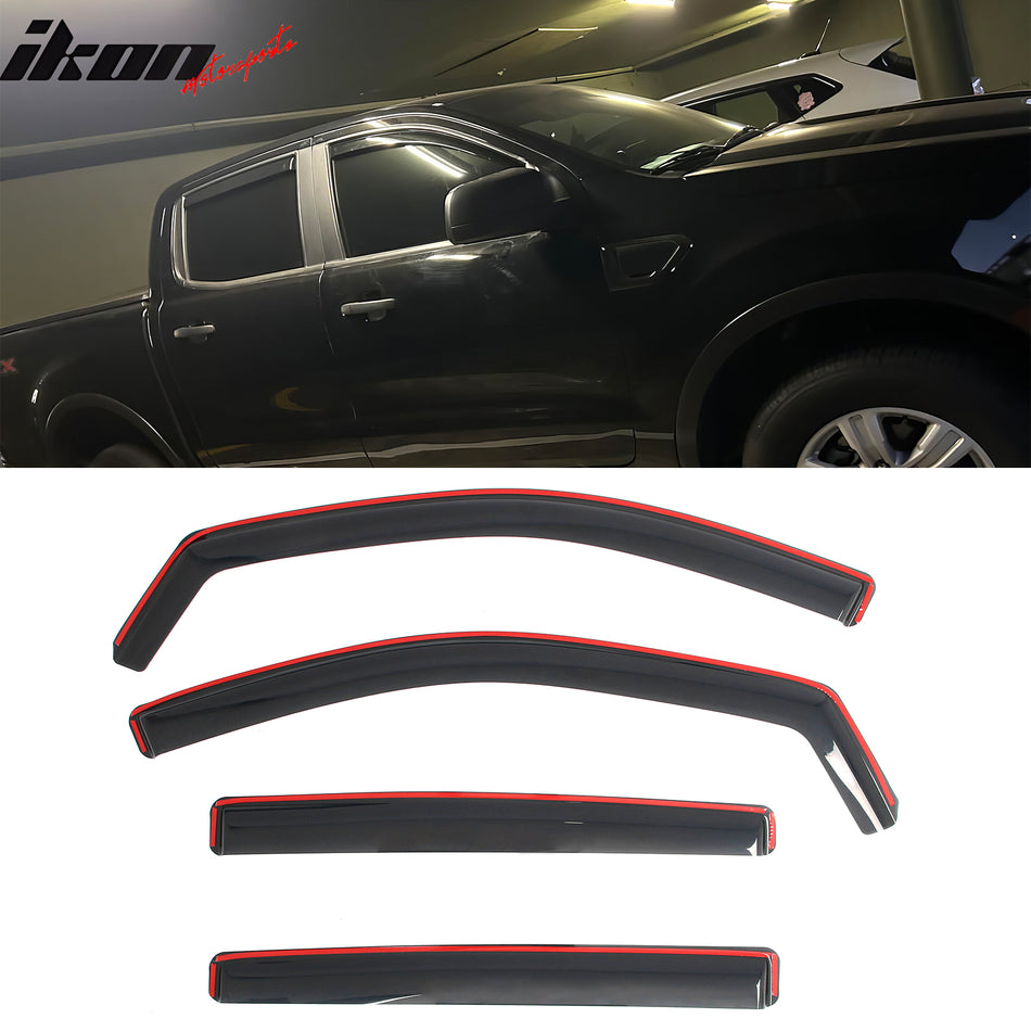2019-2023 Ford Ranger Crew Cab (SupeCrew) In-Channel Window Visors Sun Shades Vent Rain Guards Deflectors Acrylic Smoke/Tinted 4PCS