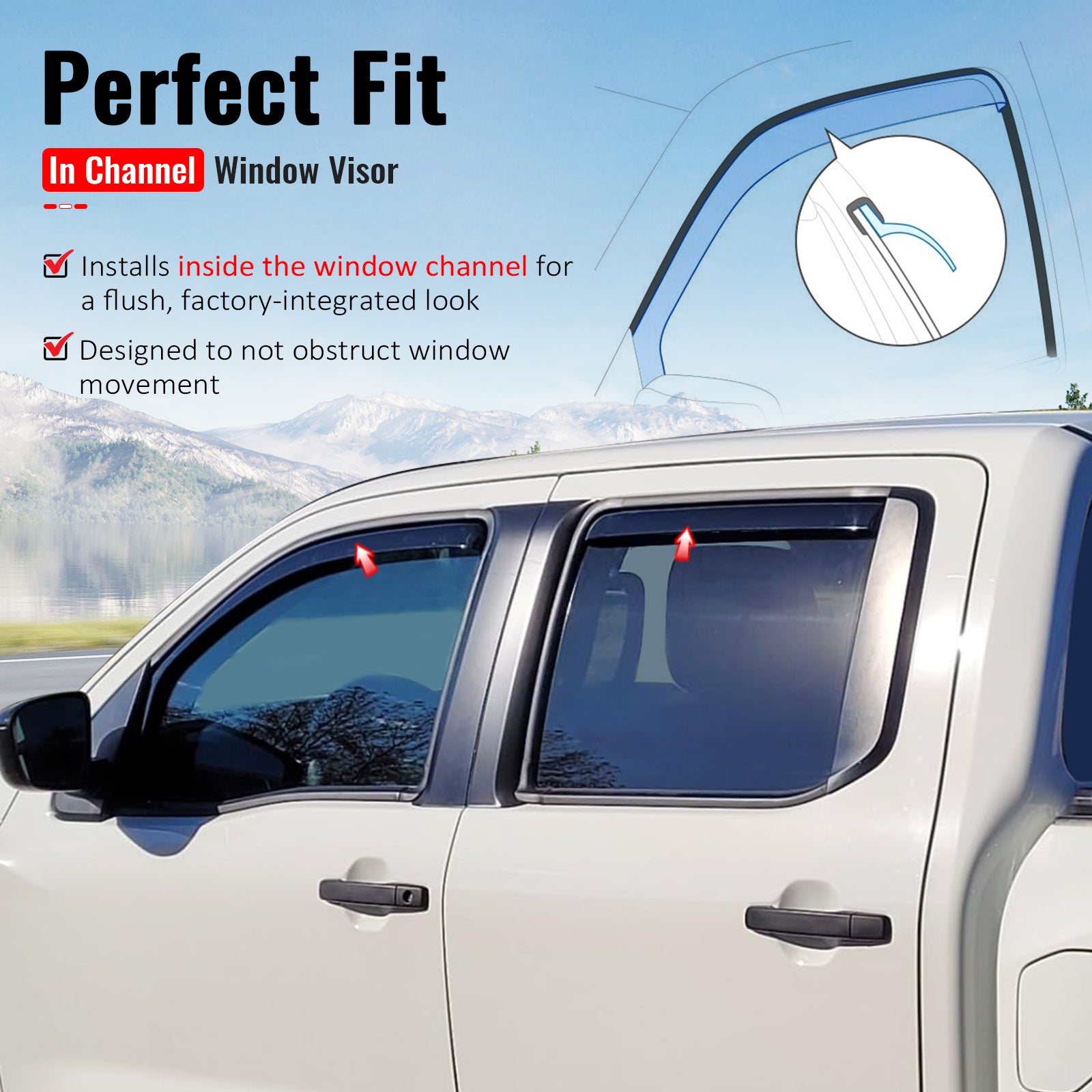 IKON MOTORSPORTS In Channel Window Visors Compatible with 2022-2026 Nissan Frontier Crew Cab, Acrylic Smoke/Tinted Rain Guards, Side Window Wind Deflectors 4PCS