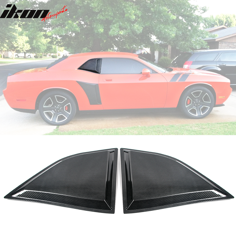 IKON MOTORSPORTS, Window Louver Compatible With 2008-2023 Dodge Challenger, XE V2 Style Carbon Fiber Print Rear Side Quarter Scoop Sun Rain Wind Windshield Guards Cover PP, 2009 2019 2020