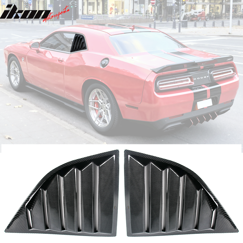 IKON MOTORSPORTS, Window Louver Scoop Compatible With 2008-2023 Dodge Challenger, XE V2 Style Carbon Fiber Print Rear Side Sun Rain Windshield Guards Protector Cover PP, 2009 2019 2020