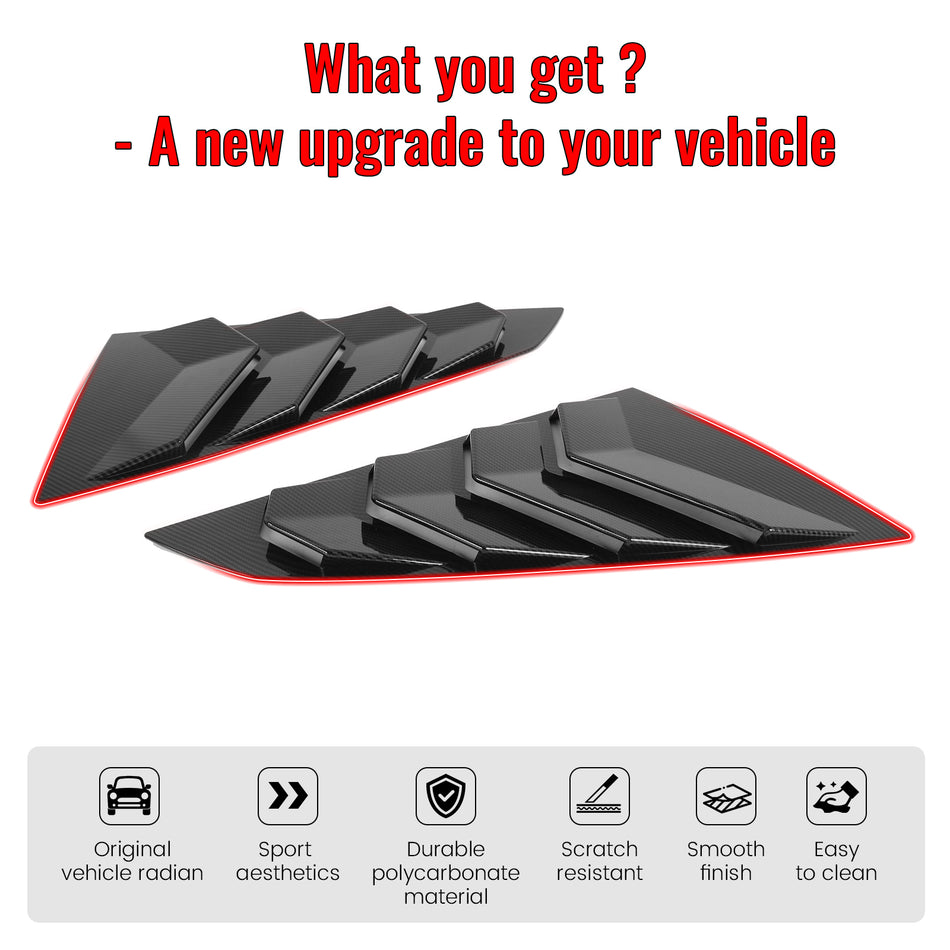 IKON MOTORSPORTS Side Window Louver, Compatible with 2024-2026 Ford Mustang S650 Coupe 2-Door, ABS Plastic Carbon Fiber Print Rear Air Vent Scoop Shades Cover Blinds Trim 2PCS