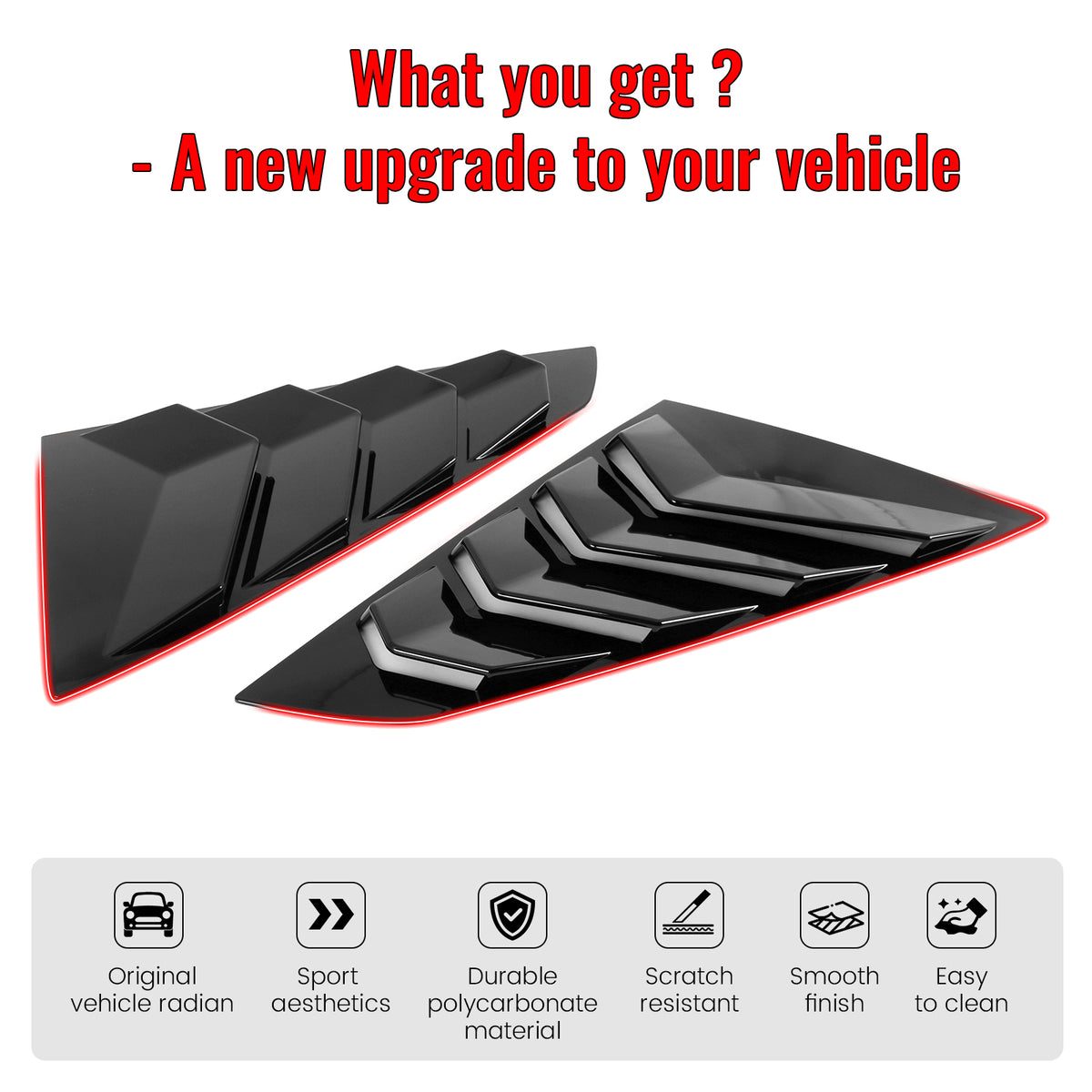 IKON MOTORSPORTS Side Window Louver, Compatible with 2024-2026 Ford Mustang S650 Coupe 2-Door, ABS Plastic Gloss Black Rear Air Vent Scoop Shades Cover Blinds Trim 2PCS