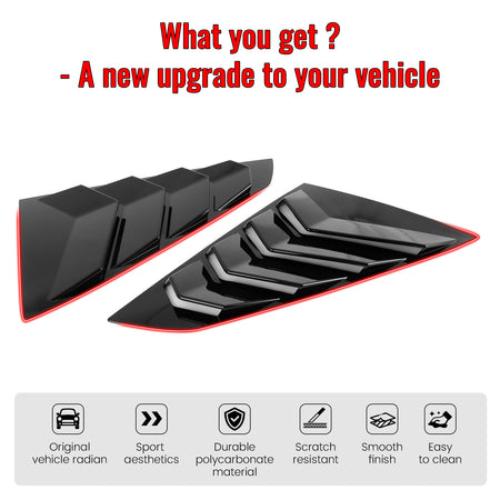 IKON MOTORSPORTS Side Window Louver, Compatible with 2024-2026 Ford Mustang S650 Coupe 2-Door, ABS Plastic Gloss Black Rear Air Vent Scoop Shades Cover Blinds Trim 2PCS