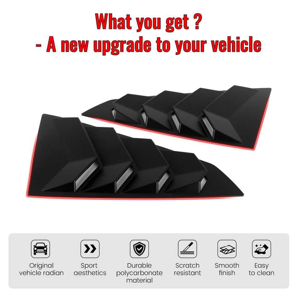 IKON MOTORSPORTS Side Window Louver, Compatible with 2024-2026 Ford Mustang S650 Coupe 2-Door, ABS Plastic Matte Black Rear Air Vent Scoop Shades Cover Blinds Trim 2PCS