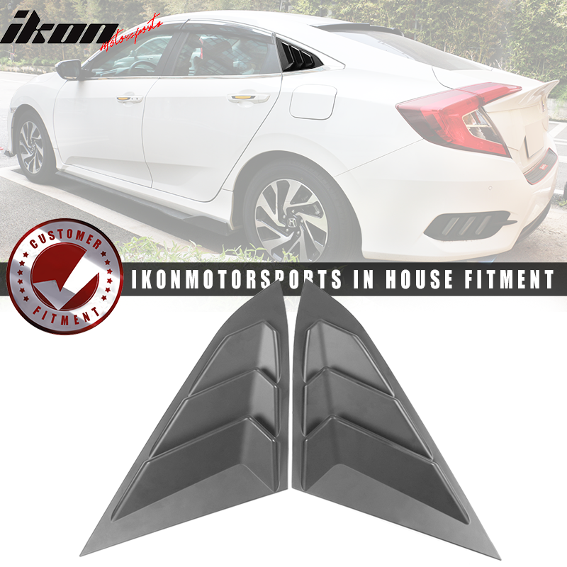 IKON MOTORSPORTS, Compatible With 2016-2021 Honda Civic Sedan Quarter ABS Rear + Side Window Louver Black