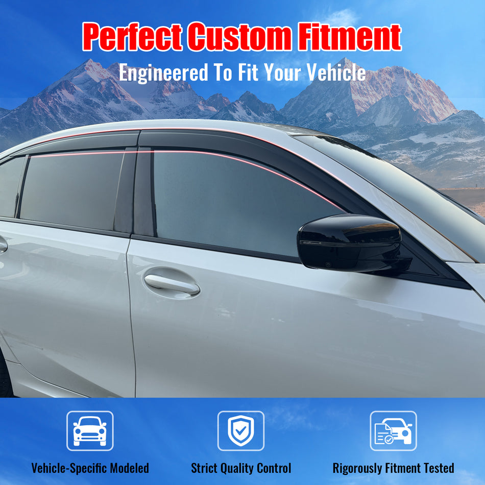 IKON MOTORSPORTS Tape on Low Profile Window Visors, Compatible with 2019-2026 BMW G20 3 Series Sedan 4-Door, Acrylic Smoke/Tinted Rain Guards, Side Window Wind Deflectors 4PCS