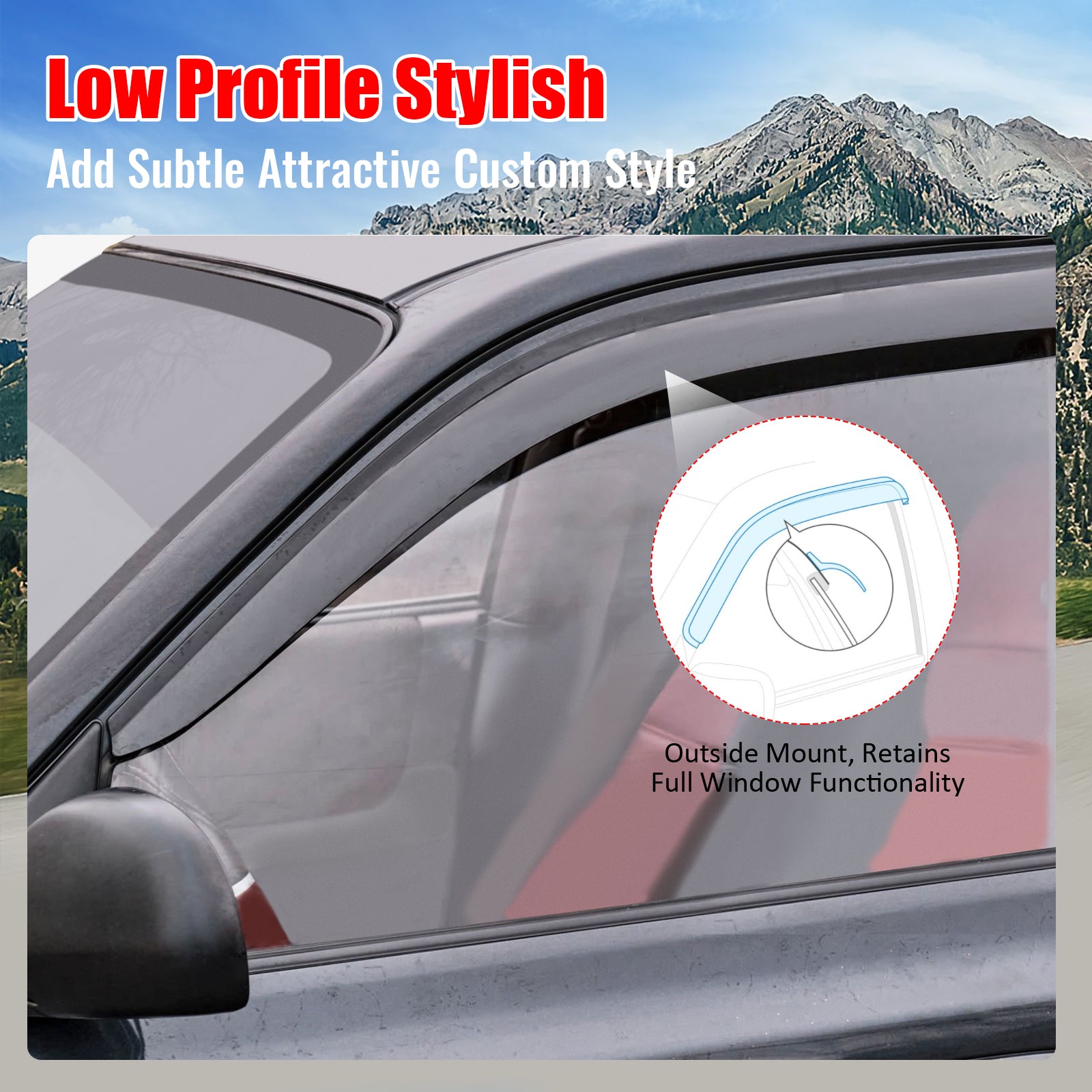 Fits 18-23 Hyundai Kona Low Profile Style Tape-on Window Visors Guard Deflectors