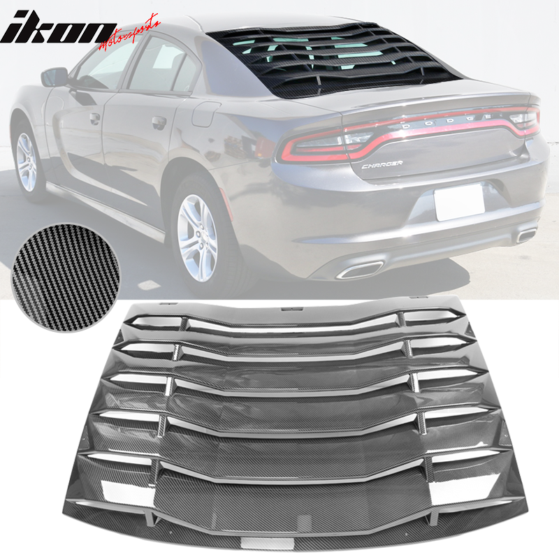 IKON MOTORSPORTS, Side Window Louver & Rear Cover Compatible With 2011-2023 Dodge Charger, Left & Right Side Window Scoop Louver Cover Carbon Fiber Print Polypropylene, 2012 2013 2014 2015 2016 2017
