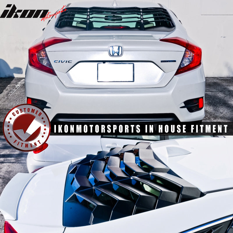 IKON MOTORSPORTS, Window Louvers Compatible With 2016-2021 Honda Civic Sedan, Rear Window Louvers Cover Sun Shade ABS