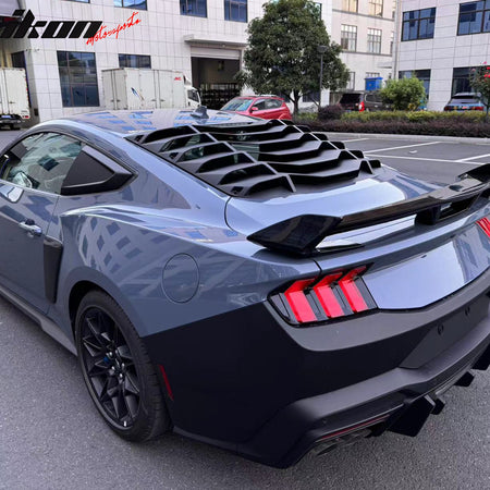 IKON MOTORSPORTS Rear Window Louver Compatible with 2024-2025 Ford Mustang 7th Gen S650 Coupe 2-Door, IKON Style ABS Plastic Matte Black Back Windshield Sun Shade Cover Vent