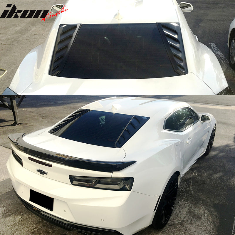 Window Louvers Compatible With 2016-2023 Chevy Camaro, ABS Plastic Black Rear Window Guards by IKON MOTORSPORTS, 2017 2018 2019