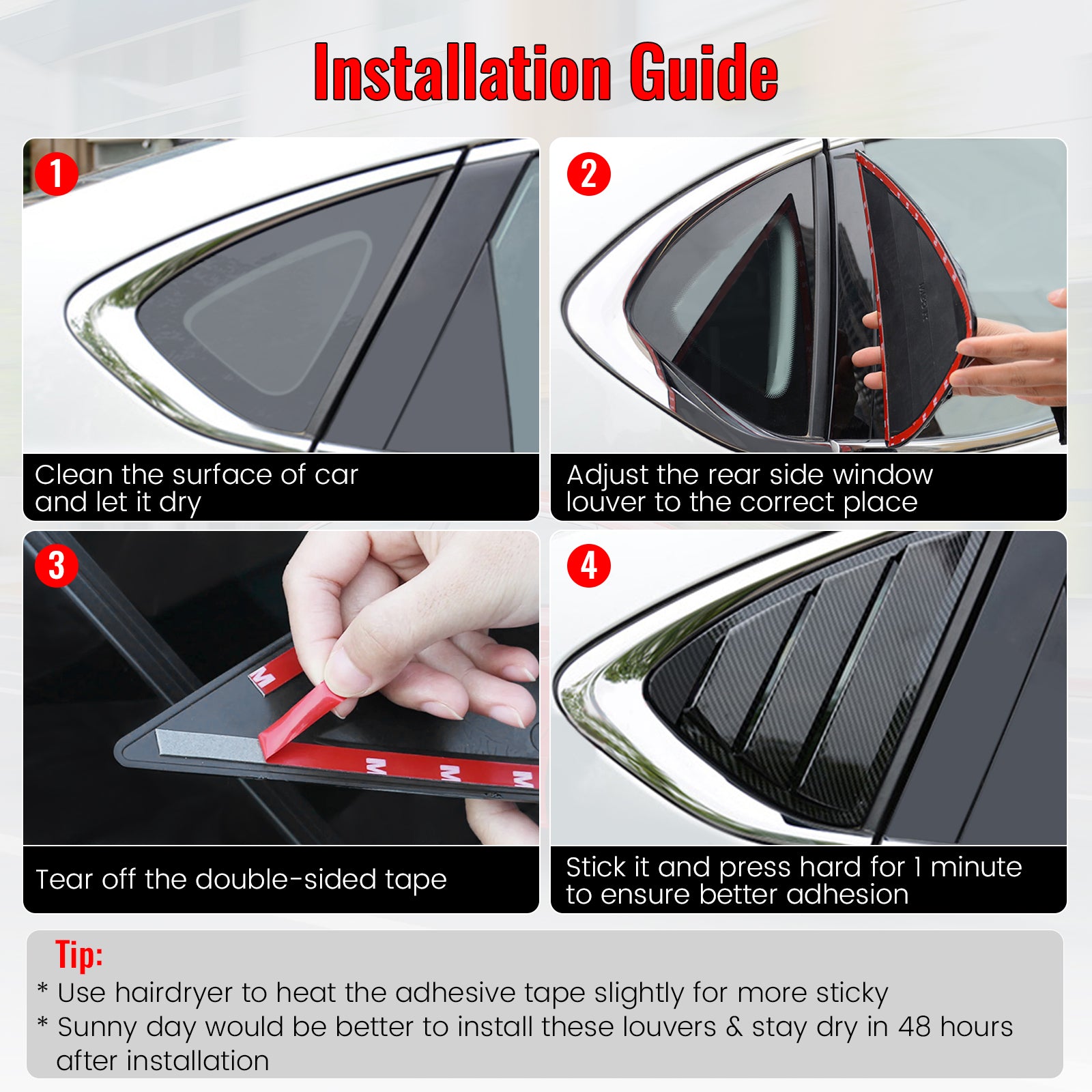 Fits 11-19 Ford Fiesta Hatchback Rear Side Window Louvers Scoop Vent Gloss Black