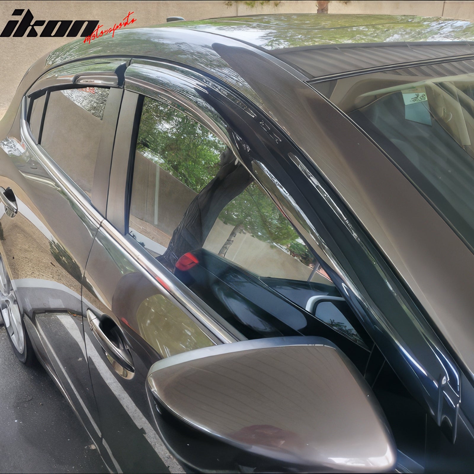 Window Visors Compatible With 2014-2019 Mazda 3 Sedan Hatchback, Smoked Aero JDM Deflectors Stick On Sun Rain Wind Window Guards by IKON MOTORSPORTS, 2015 2016 2017 2018