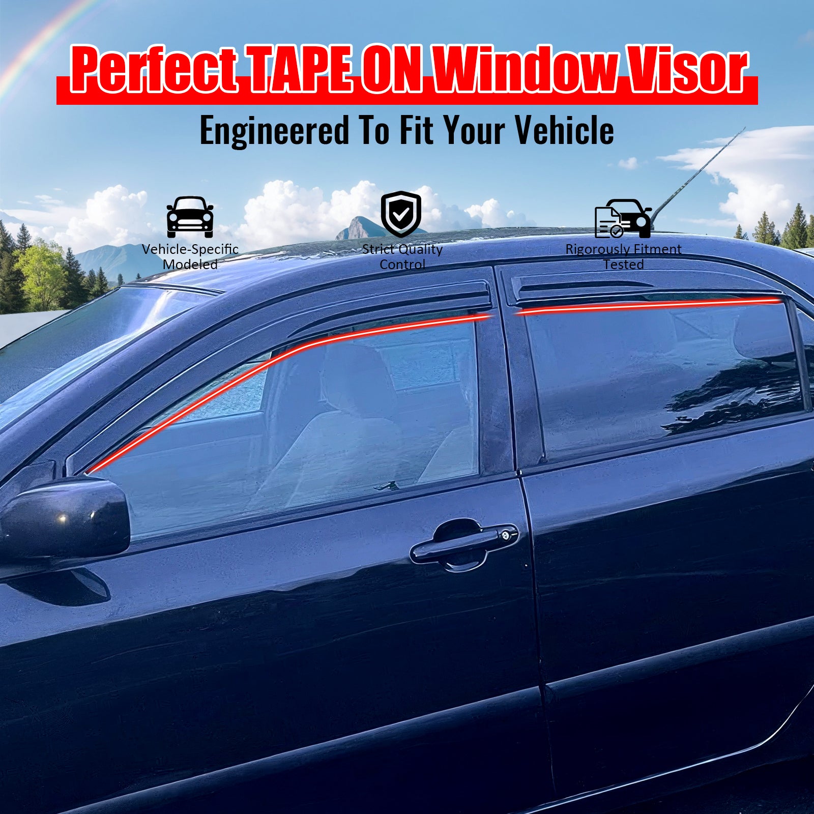 IKON MOTORSPORTS Tape On External Window Visor, Compatible With 2003-2008 Toyota Corolla 9th Gen, Acrylic Smoke Tinted & Semi-transparent Sun Rain Shade Guard Wind Vent Air Deflector