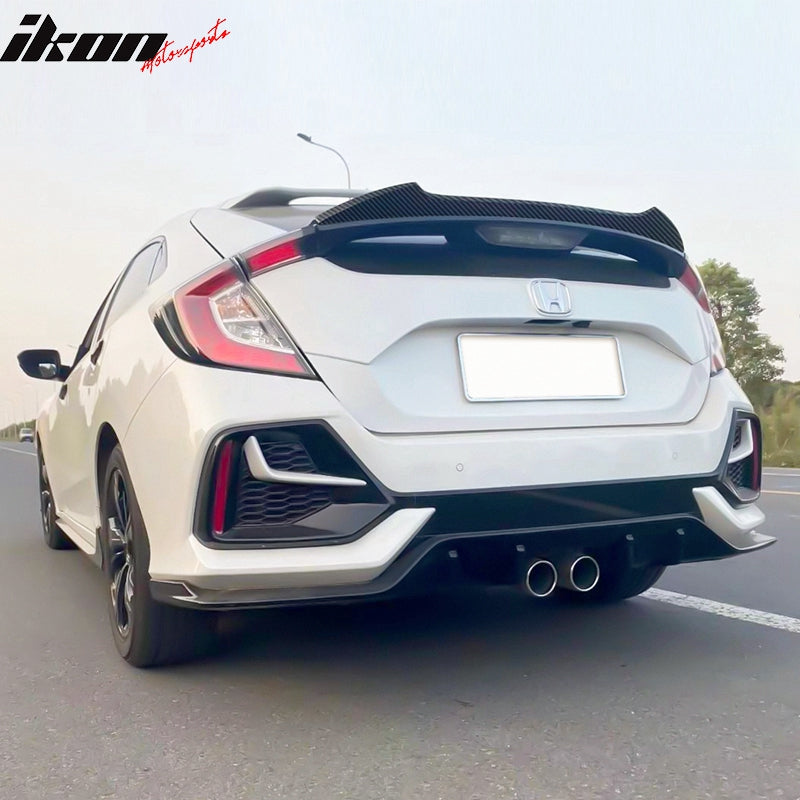 IKON MOTORSPORTS, Trunk Spoiler Compatible With 2017-2021 Honda Civic 10th Hatchback, Rear Trunk Spoiler Wing Lip Added on Bodykit Replacement V Style Carbon Fiber Print, 2018 2019 2020