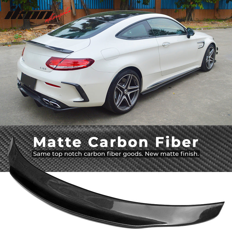 IKON MOTORSPORTS, Trunk Spoiler Compatible With 2017-2022 Mercedes Benz C-Class W205 2Dr , Matte Carbon Fiber PSM Style Rear Spoiler Wing, 2017 2018 2019 2020 2021