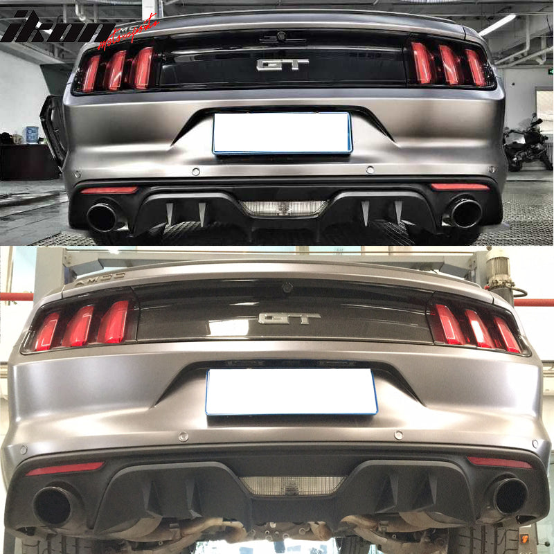 Rear Diffuser Compatible With 2015-2017 Ford Mustang PREMIUM PACKAGE ONLY - NOT FIT GT350, R Style ABS Black Valance Chin Splitter by IKON MOTORSPORTS, 2016