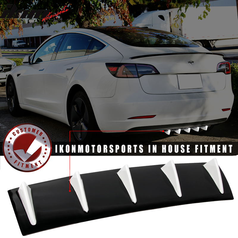 IKON MOTORSPORTS Rear Diffuser, Compatible With Universal Cars, 23" x6" V1 Style Matte Black / Gloss Black / Carbon Fiber Print ABS Aftermarket Replacement Parts Rear Splitter 5 Fins