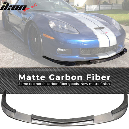 IKON MOTORSPORTS, Front Bumper Lip Compatible With 2005-2013 Corvette ZR1 Z2006 Grand Sport, Matte Carbon Fiber ZR1 Style Front Lip Spoiler Wing Chin Splitter, 2006 2007 2008 2009 2010 2011 2012