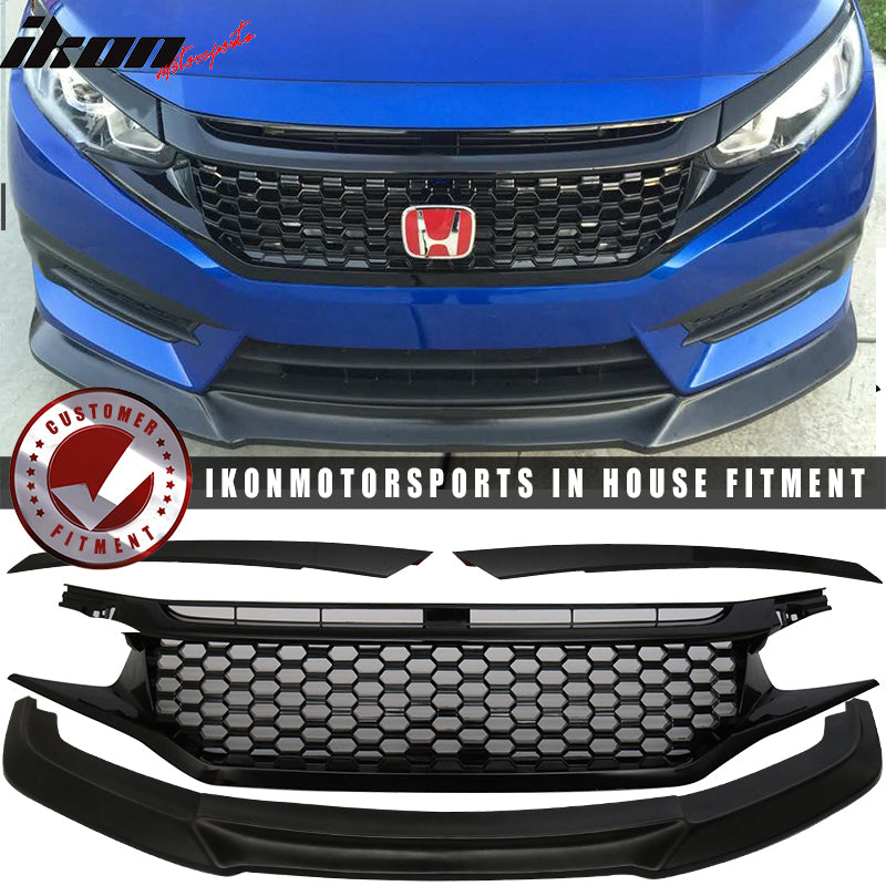 Fits 16-18 Honda Civic Coupe Sedan GT Front Lip & Gloss Mesh Grille