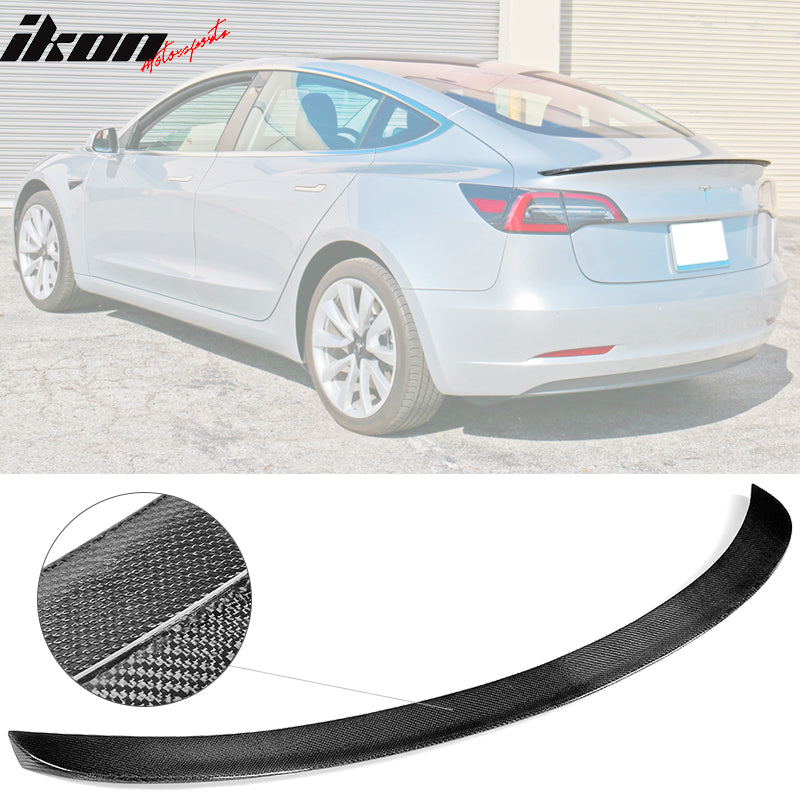 Front Lip + Trunk Spoiler Compatible With 2017-2023 Tesla Model 3, IKON Style Front Bumper Lip Air Dam Chin Lip CF Carbon Fiber by IKON MOTORSPORTS