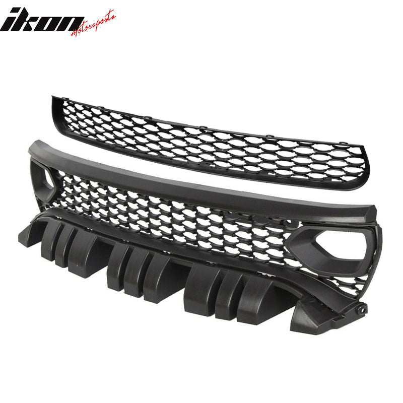 IKON MOTORSPORTS, Upper & Lower Grilles Compatible With 2015-2023 Dodge Charger SRT/Scat Pack, Front Grill with Air Ducts Unpainted Black SRT Style 2PC PP, 2016 2017 2018